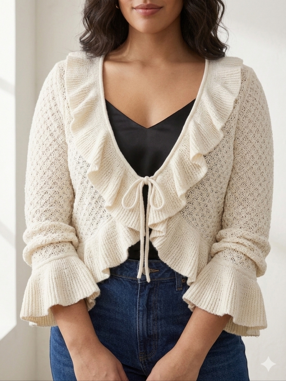 Apt. 9 Ivory Ruffle Tie-Front Open-Knit Cardigan